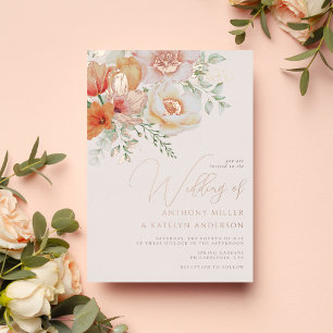 Invitación Con Relieve Metalizado Boda floral de acuarela de coral de primavera rosa