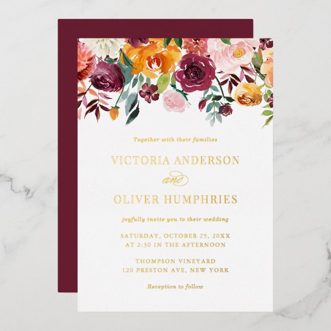 Invitación Con Relieve Metalizado Boda floral de acuarela de otoño florece (Anverso/Reverso)