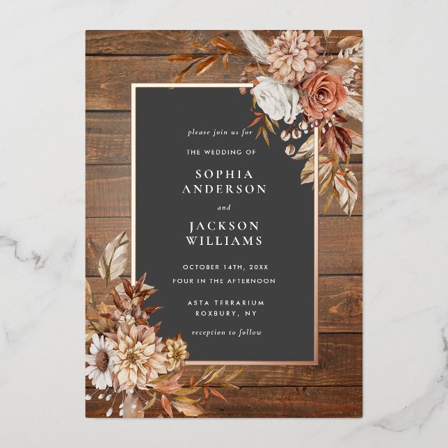 Invitación Con Relieve Metalizado Boda floral de acuarela de otoño rústico (Anverso)