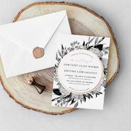 Invitación Con Relieve Metalizado Boda floral de acuarela en blanco y negro de rosa