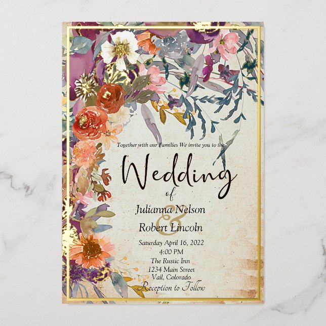Invitación Con Relieve Metalizado Boda floral de acuarela mixta de otoño (Anverso)