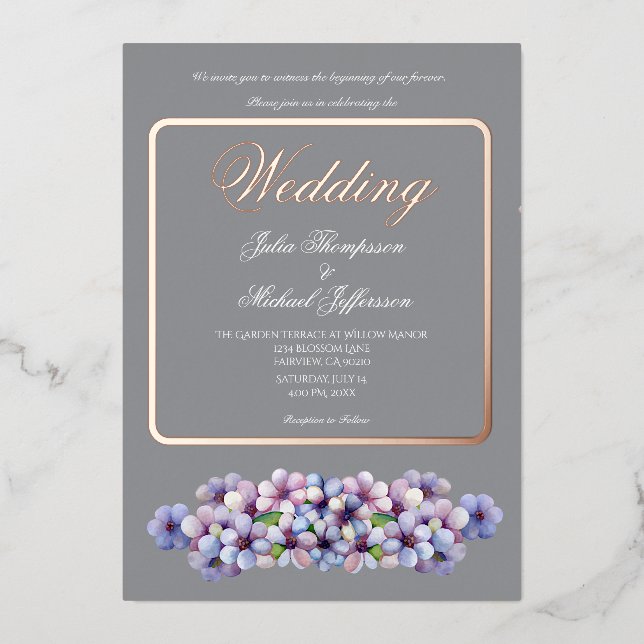 Invitación Con Relieve Metalizado Boda floral de acuarela poética romántica (Anverso)