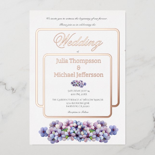 Invitación Con Relieve Metalizado Boda floral de acuarela poética romántica (Anverso)