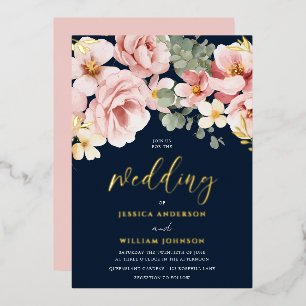 Invitación Con Relieve Metalizado Boda floral de acuarela rosa polvoriento azul mari