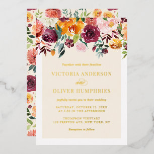 Invitación Con Relieve Metalizado Boda floral de acuarela vintage de otoño
