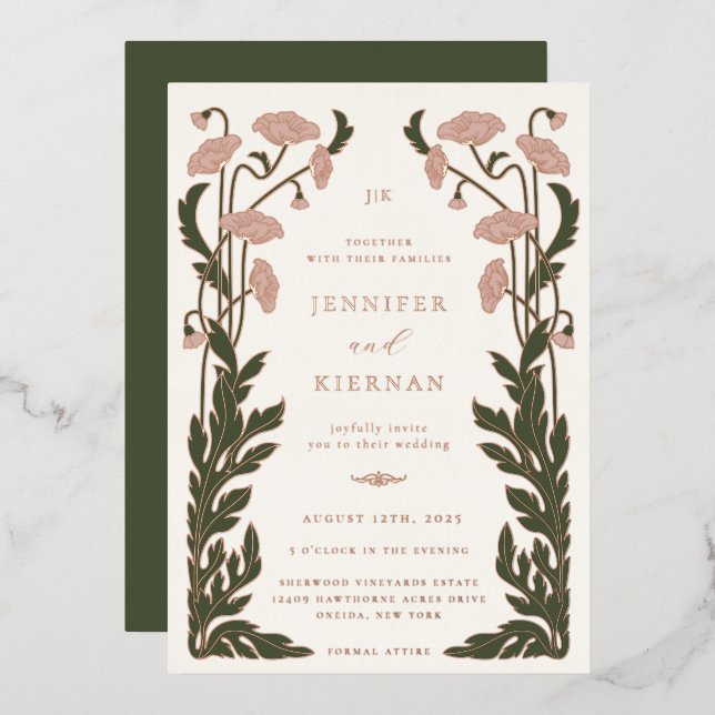 Invitación Con Relieve Metalizado Boda floral de Art Nouveau (Anverso/Reverso)
