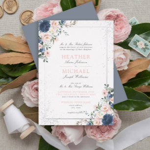 Invitación Con Relieve Metalizado Boda Floral de Azul Polvoriento Rosa Plateado Lige