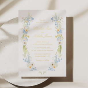 Invitación Con Relieve Metalizado Boda floral de bebé azul y amarillo mantequilla