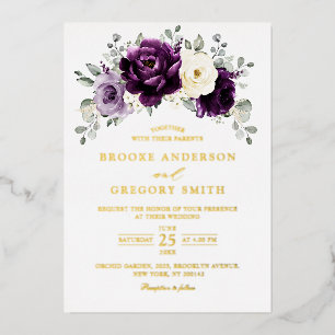 Invitación Con Relieve Metalizado Boda floral de berenjena púrpura ciruela marfil bl