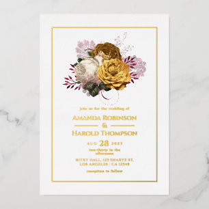Invitación Con Relieve Metalizado Boda floral de Borgoña blanca y dorada