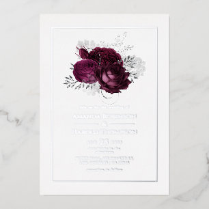 Invitación Con Relieve Metalizado Boda floral de Borgoña y plata