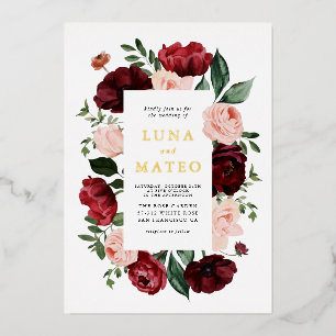 Invitación Con Relieve Metalizado Boda floral de Borgoña y Rubor Foto