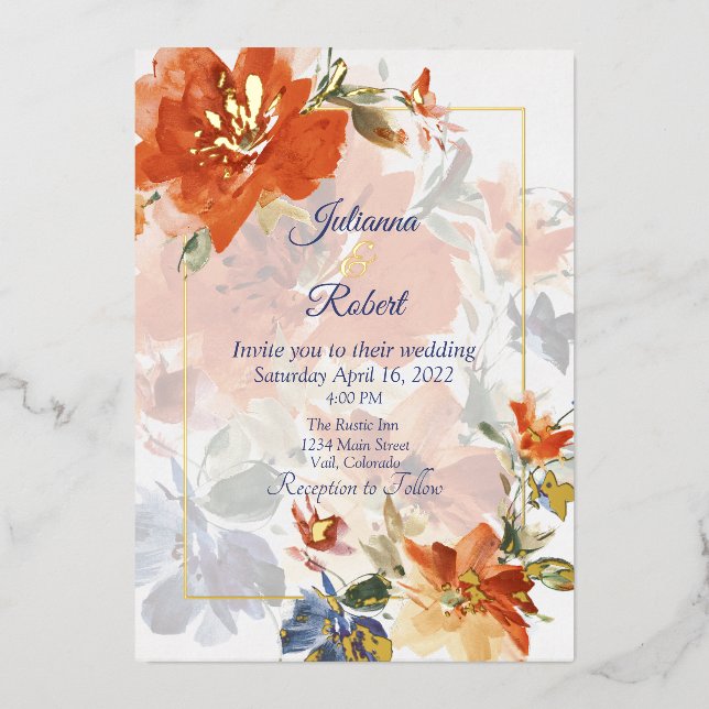 Invitación Con Relieve Metalizado boda floral de cascada azul y naranja (Anverso)