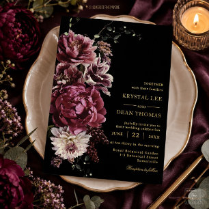Invitación Con Relieve Metalizado Boda floral de ciruela borgoña oscura y rica en ne
