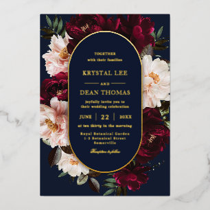 Invitación Con Relieve Metalizado Boda floral de color burgundy oscuro y azul marino