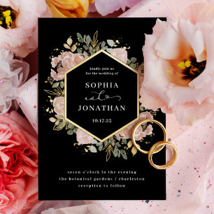 Invitación Con Relieve Metalizado Boda floral de color de agua neutra negro   Oro