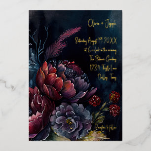 Invitación Con Relieve Metalizado Boda floral de color de agua oscuro Moody