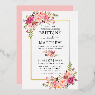 Invitación Con Relieve Metalizado Boda floral de color rosa con acuarela y dorado
