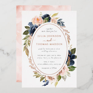Invitación Con Relieve Metalizado Boda floral de color rosa dorado y azul marino con