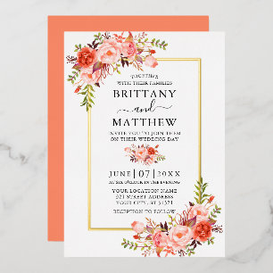 Invitación Con Relieve Metalizado Boda floral de coral en acuarela dorada