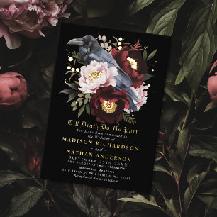 Invitación Con Relieve Metalizado Boda floral de cuervo de acuarela gótica romántica
