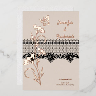 Invitación Con Relieve Metalizado Boda Floral de Encaje de Oro Rosa Lámina 