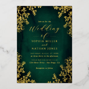 Invitación Con Relieve Metalizado Boda Floral de Encaje Esmeralda con Hoja de Oro Re