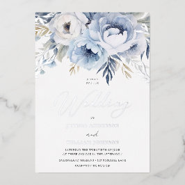 Invitación Con Relieve Metalizado Boda floral de espuma azul y plateado agitado