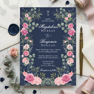 Invitación Con Relieve Metalizado Boda floral de eucalipto azul marino rosa