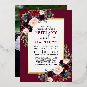 Invitación Con Relieve Metalizado Boda Floral de Foto de Acuarela Burgundy Oro
