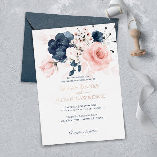 Invitación Con Relieve Metalizado Boda floral de hoja de navío azul y rosa rubor rea