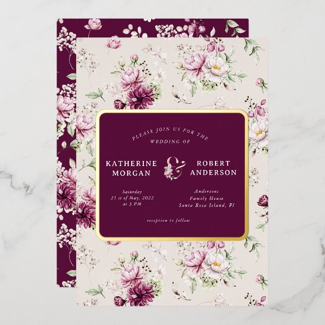 Invitación Con Relieve Metalizado boda floral de jardín magenta (Anverso/Reverso)