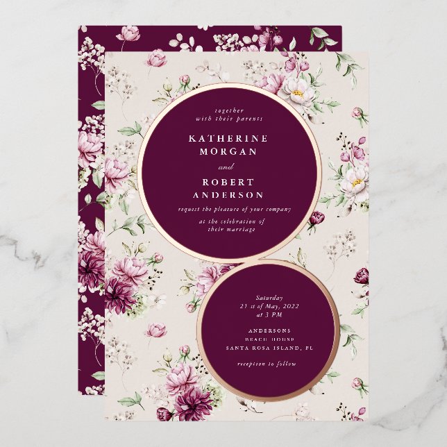 Invitación Con Relieve Metalizado boda floral de jardín magenta (Anverso/Reverso)