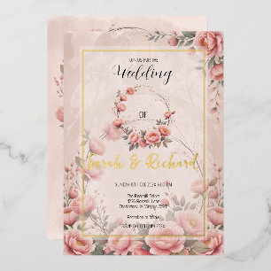 Invitación Con Relieve Metalizado Boda floral de jardín secreto rosa melocotón de pe