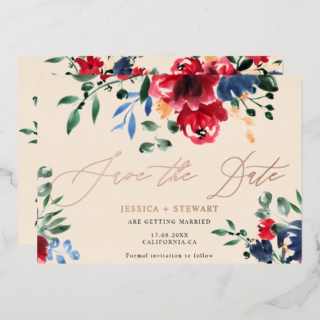 Invitación Con Relieve Metalizado Boda floral de la marina rubia salva la fecha (Anverso/Reverso)