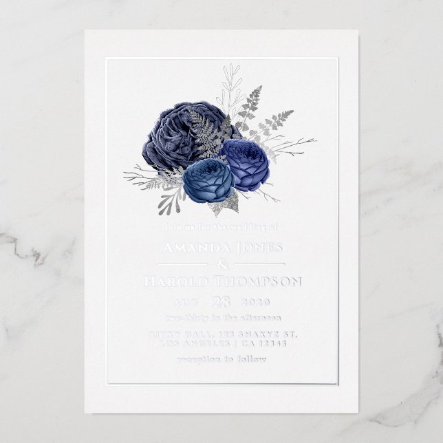 Invitación Con Relieve Metalizado Boda floral de la marina y la plata (Anverso)