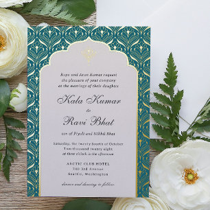 Invitación Con Relieve Metalizado Boda Floral de Lotus en Oro Art Déco