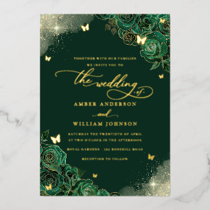 Invitación Con Relieve Metalizado Boda Floral de Mariposa Esmeralda Dorada