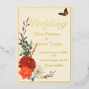Invitación Con Relieve Metalizado Boda Floral de Mariposa Monarca Marfil y Otoño