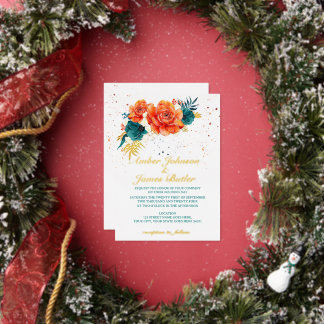 Invitación Con Relieve Metalizado Boda floral de naranja y azul verdoso