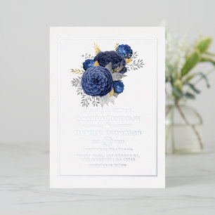 Invitación Con Relieve Metalizado Boda floral de Navy, plata y oro