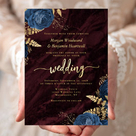 Invitación Con Relieve Metalizado Boda Floral de oro azul de la Marina Borgoña