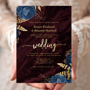 Invitación Con Relieve Metalizado Boda Floral de oro azul de la Marina Borgoña