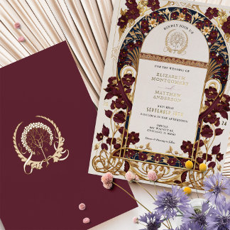 Invitación Con Relieve Metalizado Boda floral de oro azul y antiguo de la Marina de 
