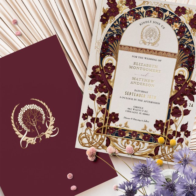 Invitación Con Relieve Metalizado Boda floral de oro azul y antiguo de la Marina de  (Subido por el creador)