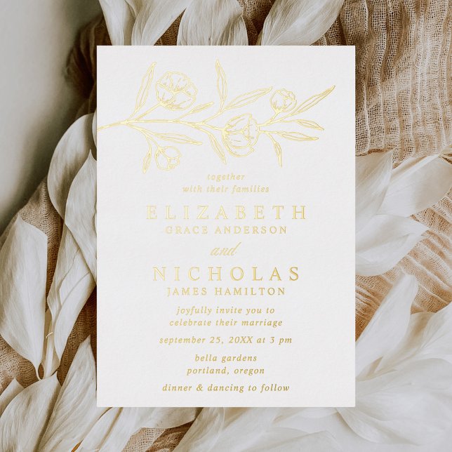 Invitación Con Relieve Metalizado Boda floral de oro esbozado (Subido por el creador)