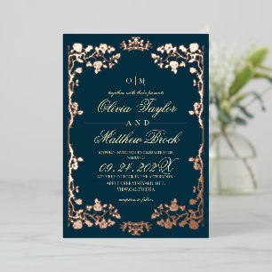 Invitación Con Relieve Metalizado Boda floral de oro hoja de teal lujosa