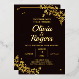 Invitación Con Relieve Metalizado Boda Floral de Oro Negro Elegante Ornate Vintage
