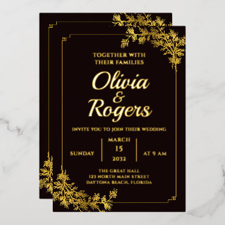 Invitación Con Relieve Metalizado Boda Floral de Oro Negro Elegante Ornate Vintage