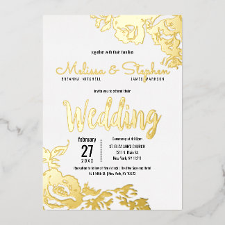 Invitación Con Relieve Metalizado Boda floral de oro real blanco